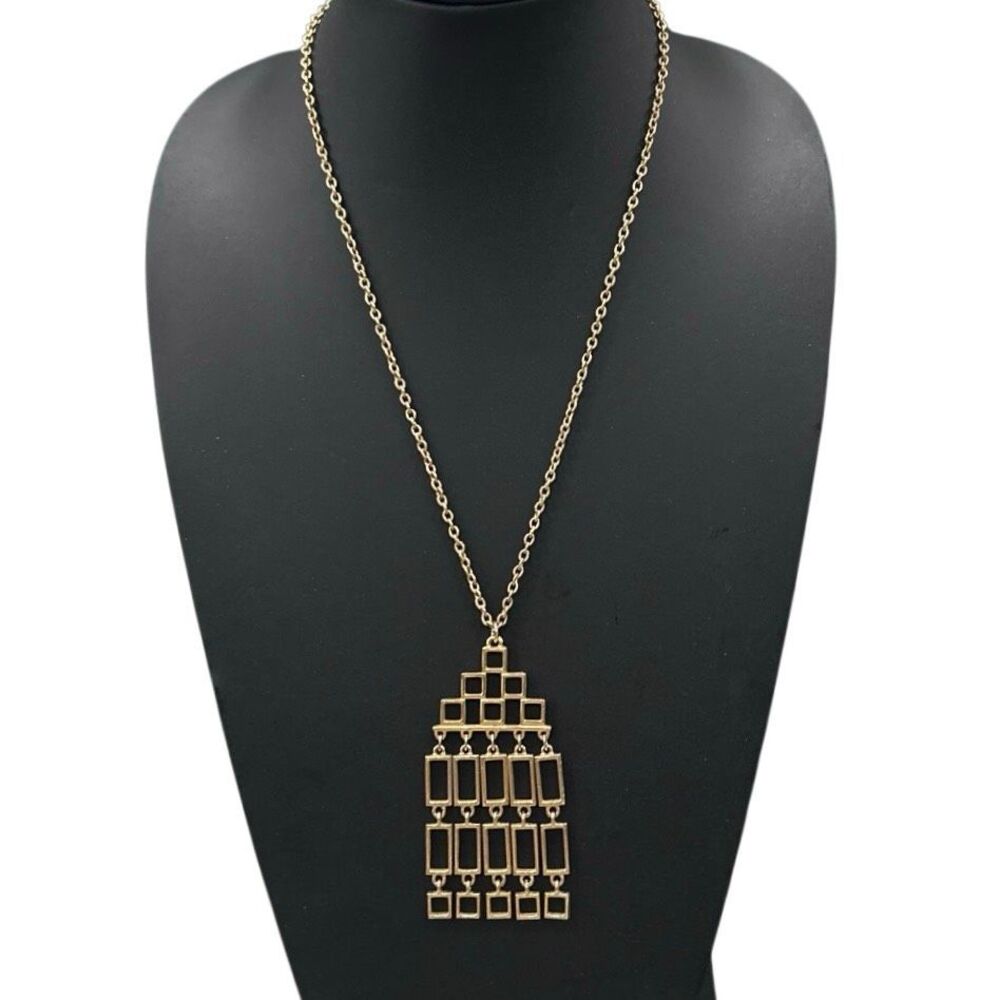 Vintage Modernist Geometric Pendant Necklace Women's 24” Gold-tone Cable Chain
